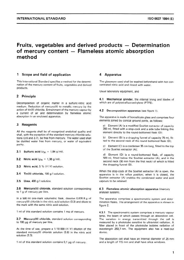 ISO 6637:1984 - Fruits, vegetables and derived products -- Determination of mercury content -- Flameless atomic absorption method
