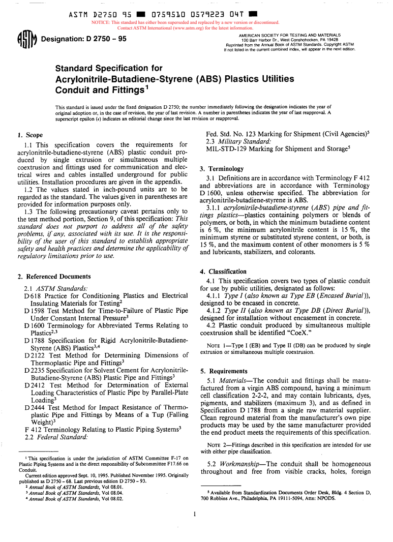 ASTM D2750-95 - Specification for Acrylonitrile- Butadiene-Sytrene (ABS) Plastics Utilities Conduit and Fittings (Withdrawn 1997)