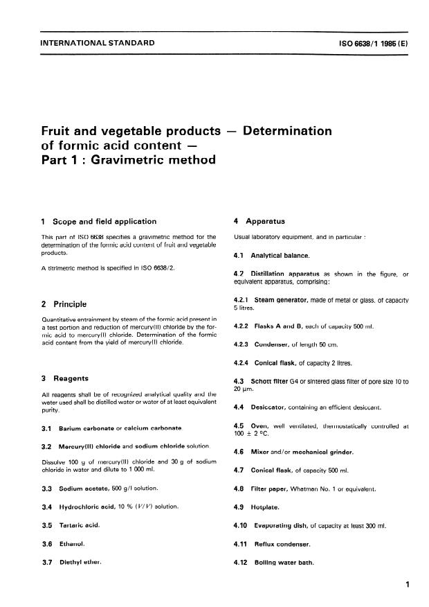 ISO 6638-1:1985 - Fruit and vegetable products -- Determination of formic acid content