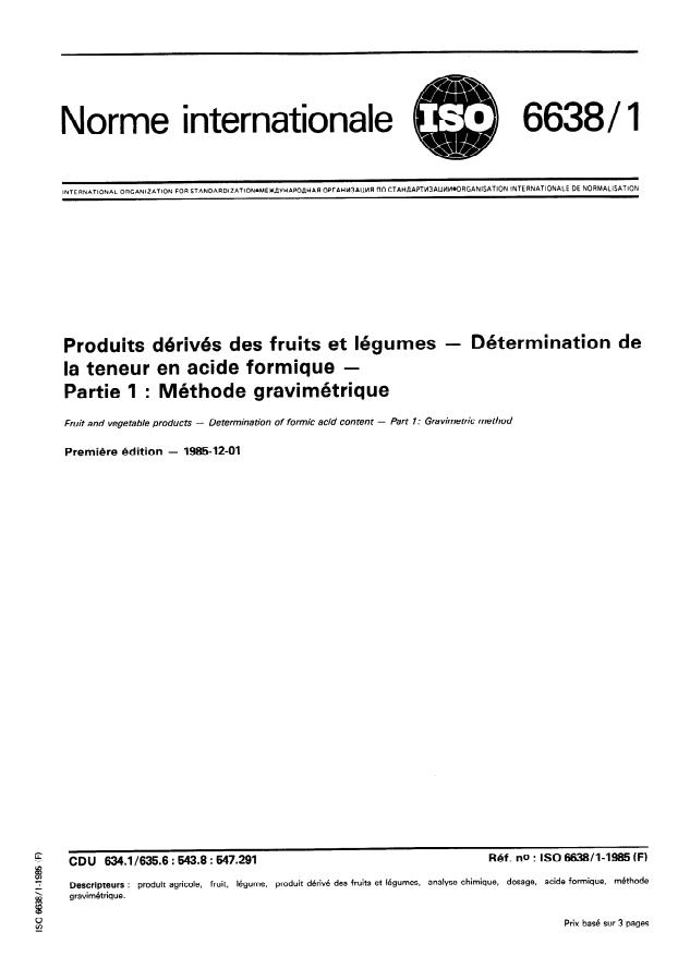 ISO 6638-1:1985 - Produits dérivés des fruits et légumes -- Détermination de la teneur en acide formique