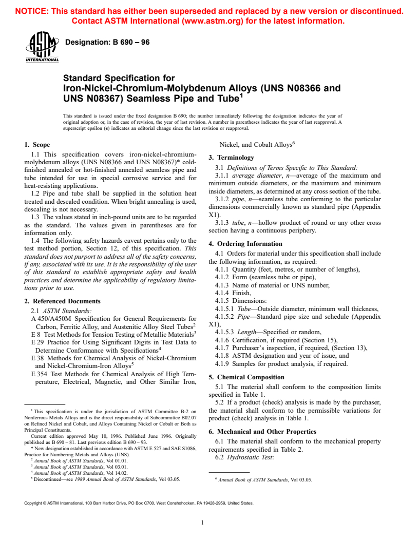 ASTM B690-96 - Standard Specification for Iron-Nickel-Chromium-Molybdenum Alloys (UNS N08366 and UNS N08367) Seamless Pipe and Tube