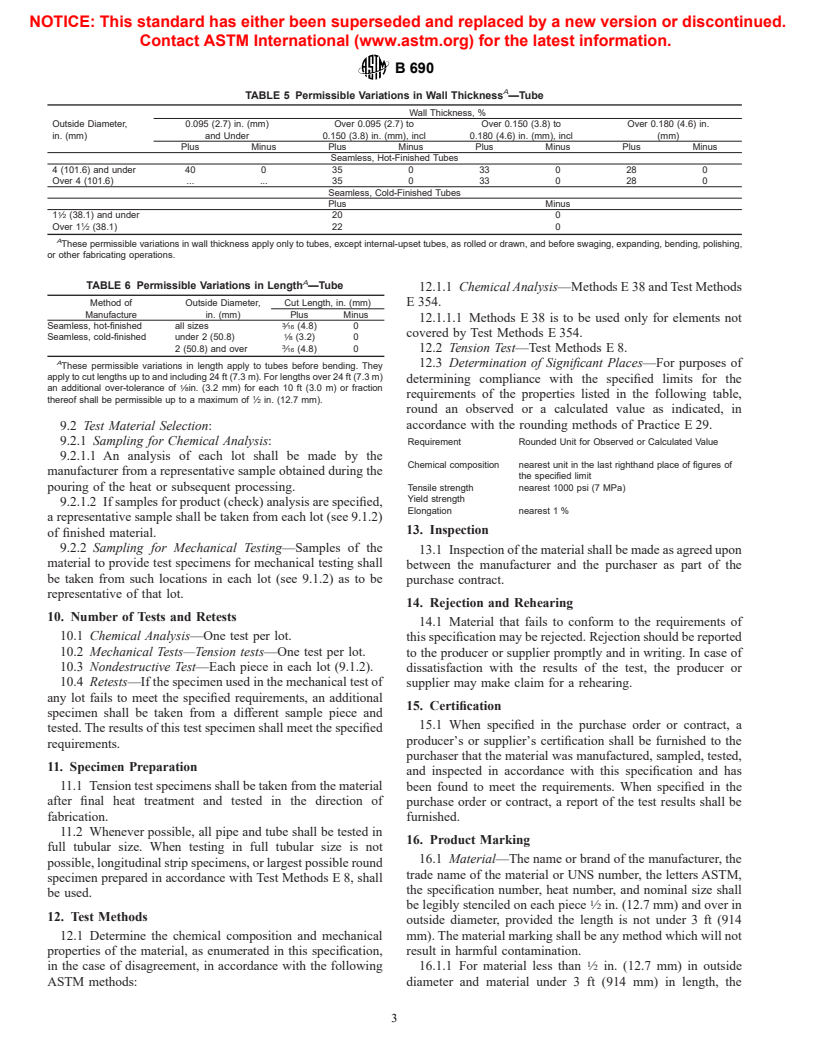 ASTM B690-96 - Standard Specification for Iron-Nickel-Chromium-Molybdenum Alloys (UNS N08366 and UNS N08367) Seamless Pipe and Tube