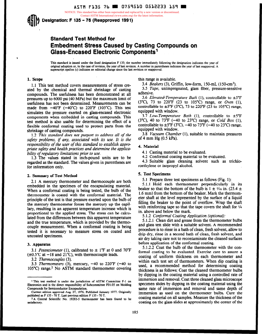 ASTM F135-76(1991) - Test Method for Embedment Stress Caused by Casting Compounds on Glass-Encased Electronic Components (Withdrawn 1997)