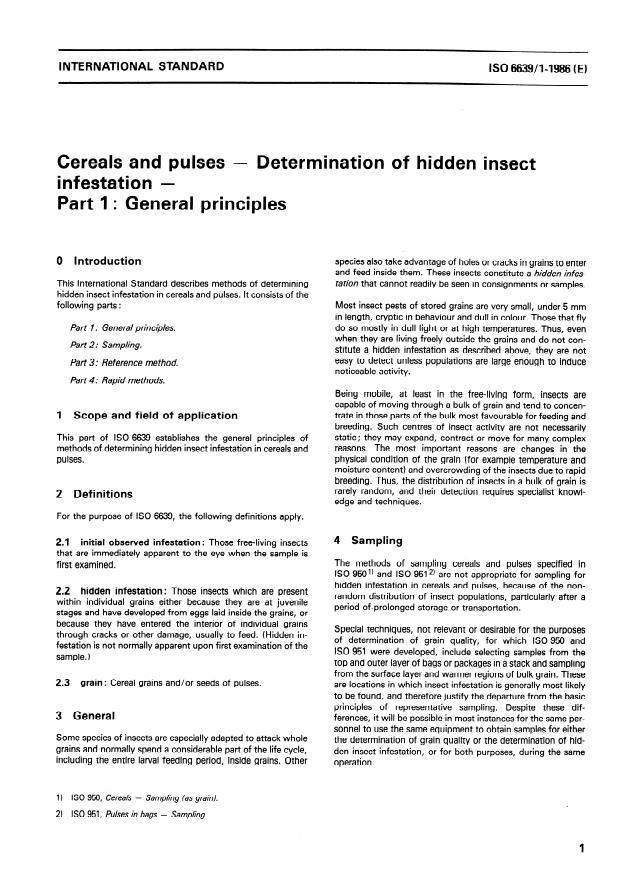 ISO 6639-1:1986 - Cereals and pulses -- Determination of hidden insect infestation