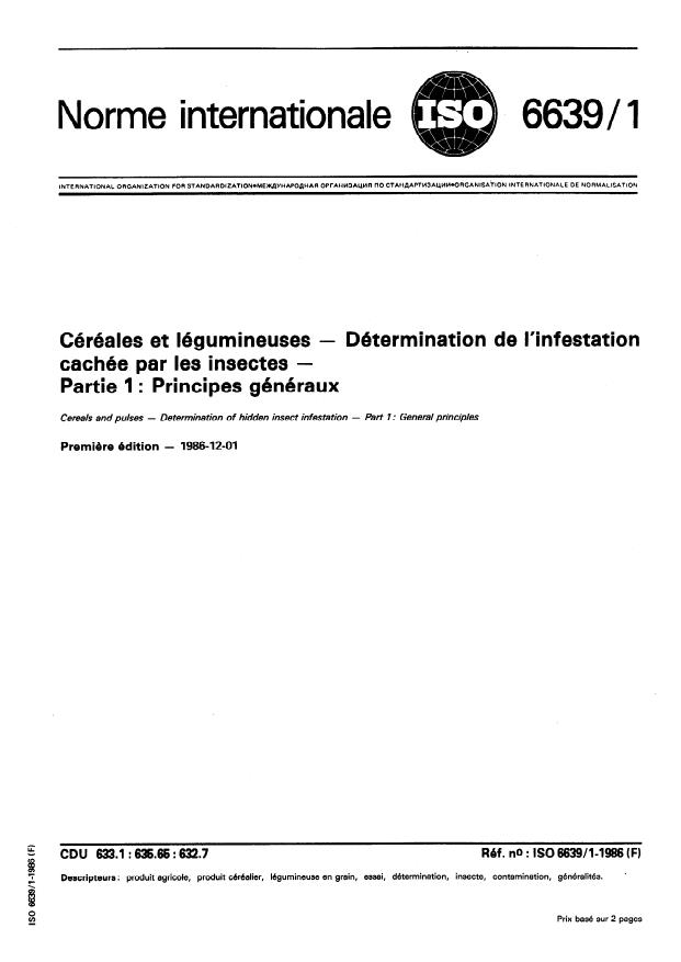 ISO 6639-1:1986 - Céréales et légumineuses -- Détermination de l'infestation cachée par les insectes