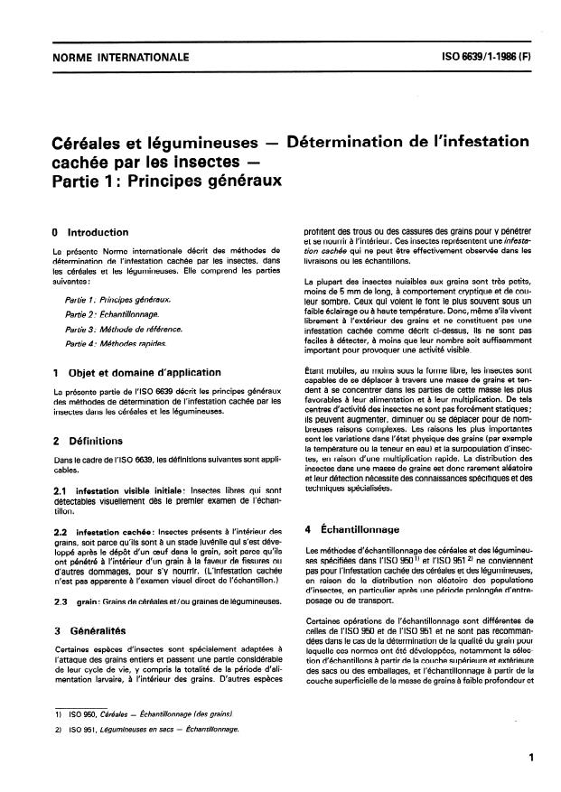 ISO 6639-1:1986 - Céréales et légumineuses -- Détermination de l'infestation cachée par les insectes