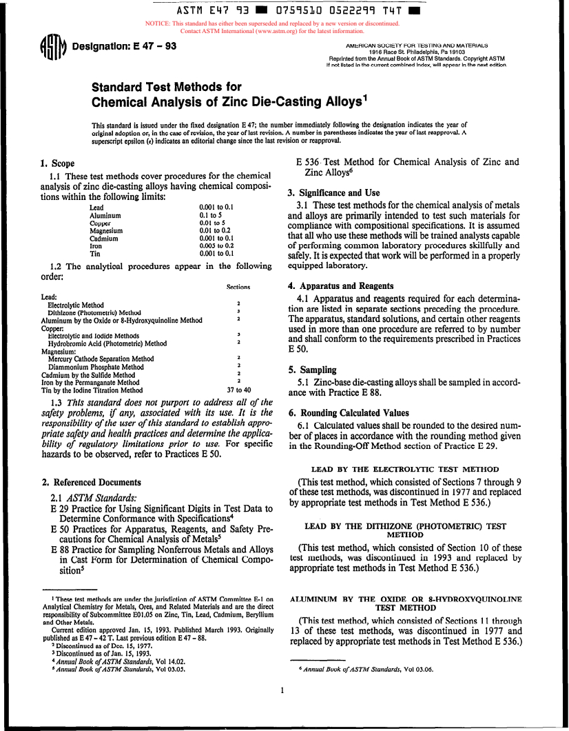 ASTM E47-93 - Standard Test Methods for Chemical Analysis of Zinc Die-Casting Alloys (Withdrawn 1997)