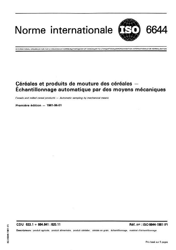 ISO 6644:1981 - Céréales et produits de mouture des céréales -- Échantillonnage automatique par des moyens mécaniques