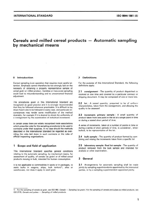 ISO 6644:1981 - Cereals and milled cereal products -- Automatic sampling by mechanical means