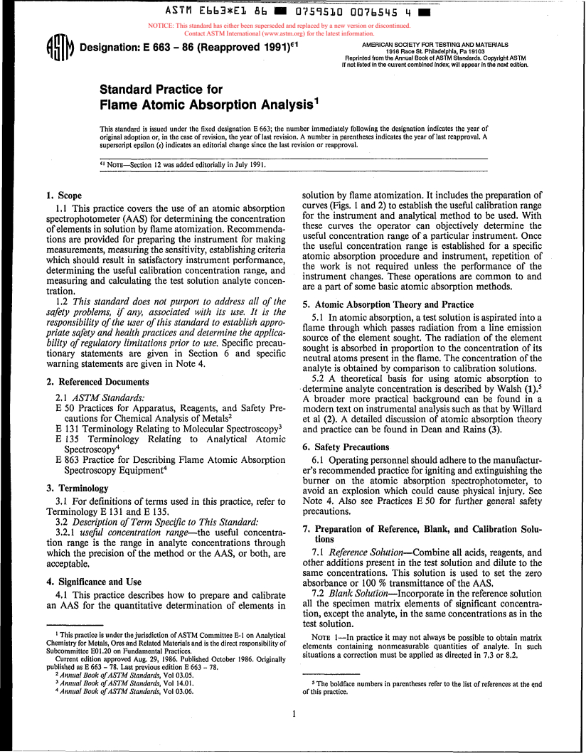 ASTM E663-86(1991)E01 - Practice for Flame Atomic Absorption Analysis (Withdrawn 1997)