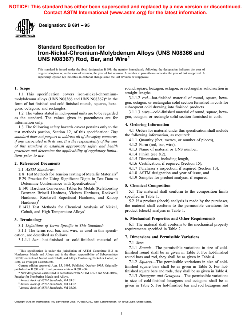 ASTM B691-95 - Standard Specification for Iron-Nickel-Chromium-Molybdenum Alloys (UNS N08366 and UNS N08367) Rod, Bar, and Wire