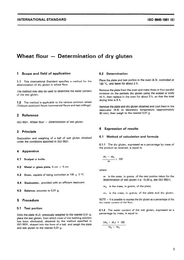 ISO 6645:1981 - Wheat flour -- Determination of dry gluten