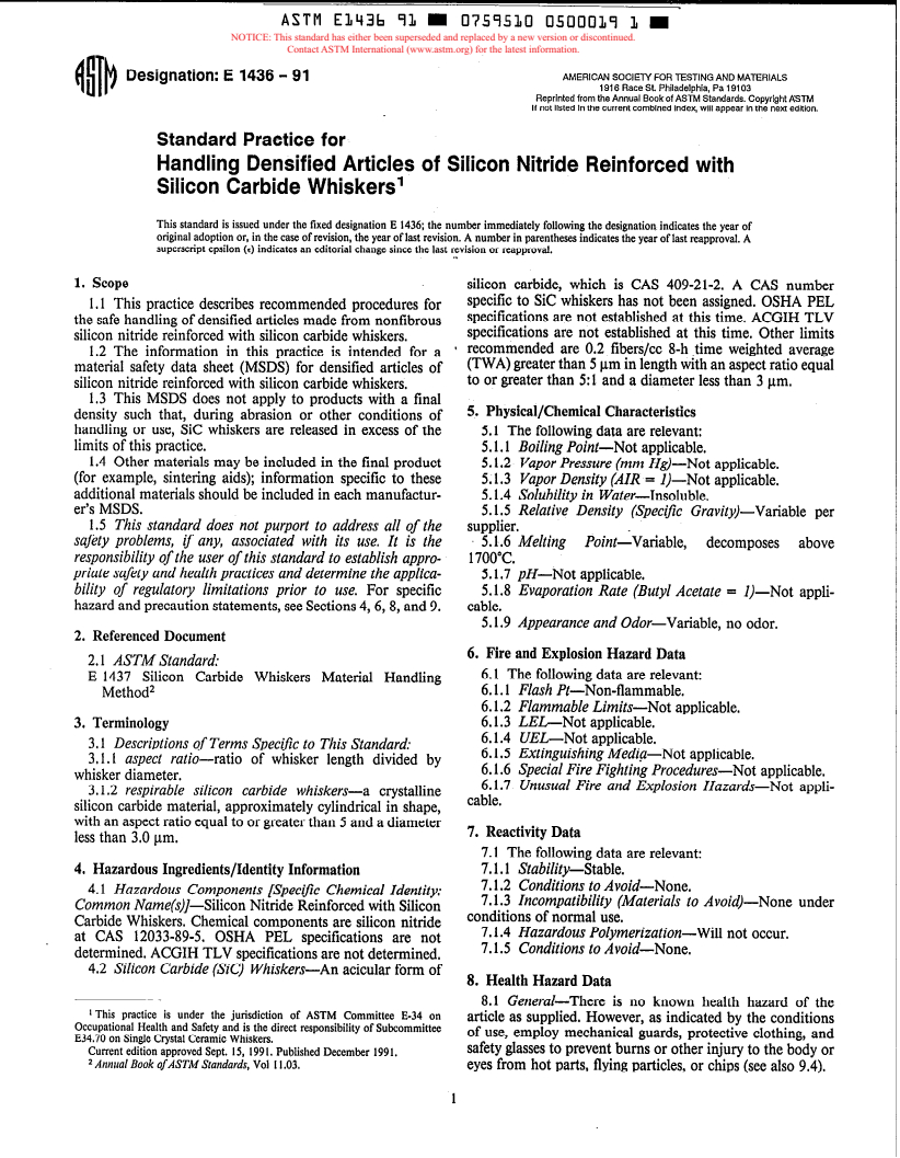 ASTM E1436-91 - Standard Practice for Handling Densified Articles of Silicon Nitride Reinforced with Silicon Carbide Whiskers (Withdrawn 1997)