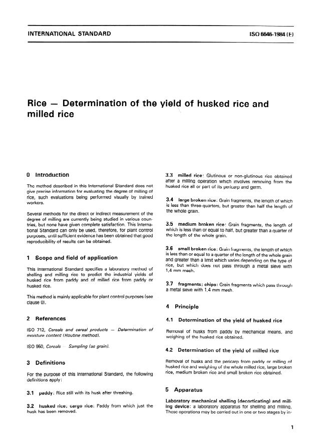 ISO 6646:1984 - Rice -- Determination of the yield of husked rice and milled rice