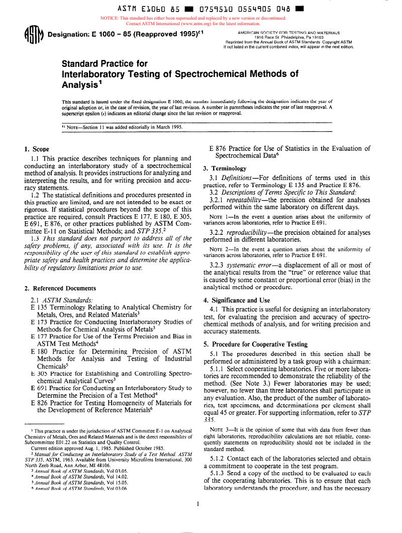 ASTM E1060-85(1995)E01 - Practice for Interlaboratory Testing of Spectrochemical Methods of Analysis (Withdrawn 1997)