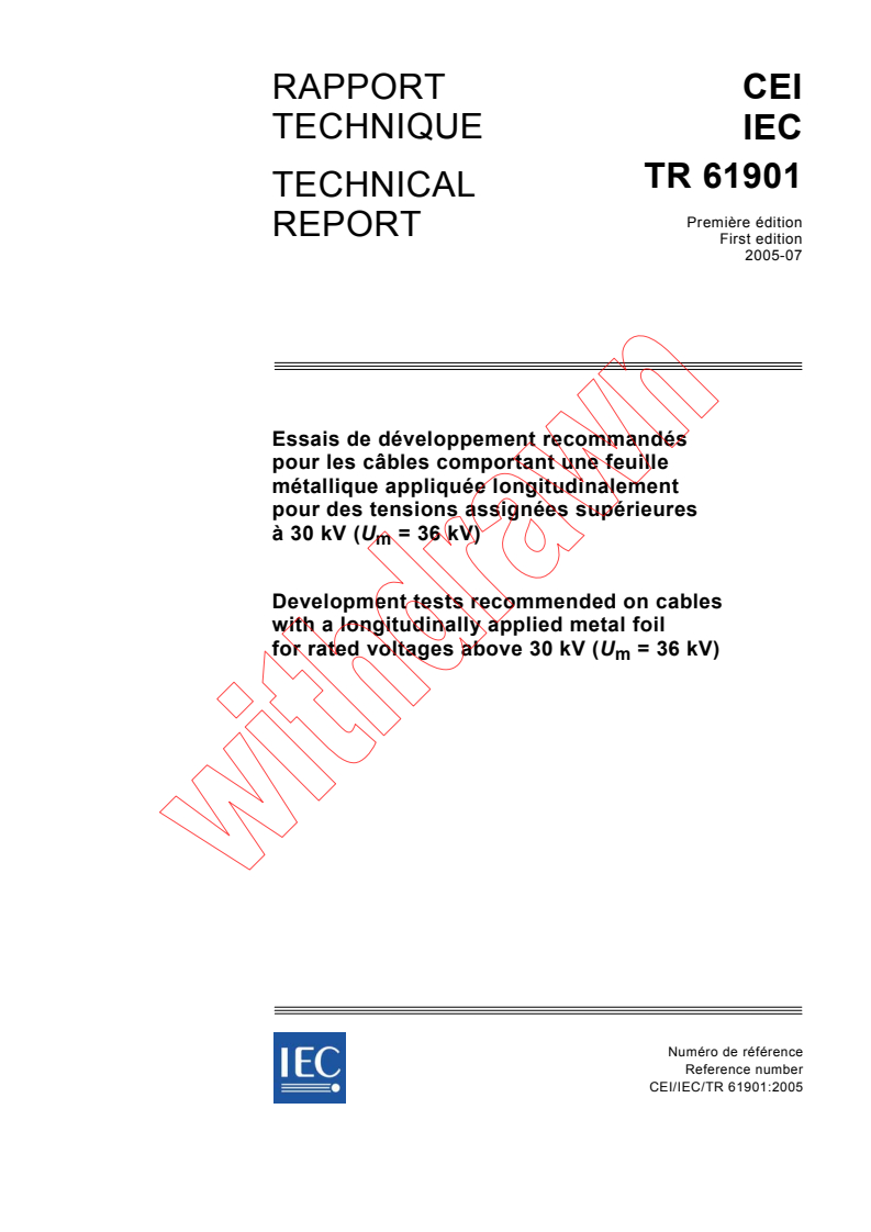 IEC TR 61901:2005 - Development tests recommended on cables with a longitudinally applied metal foil for rated voltages above 30 kV (Um = 36 kV)
Released:7/21/2005
Isbn:2831881390