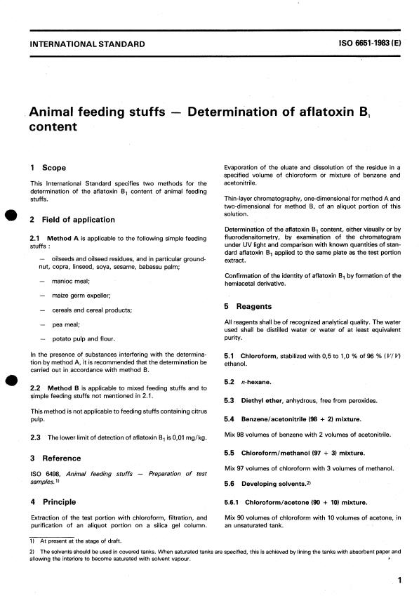 ISO 6651:1983 - Animal feeding stuffs -- Determination of aflatoxin B1 content