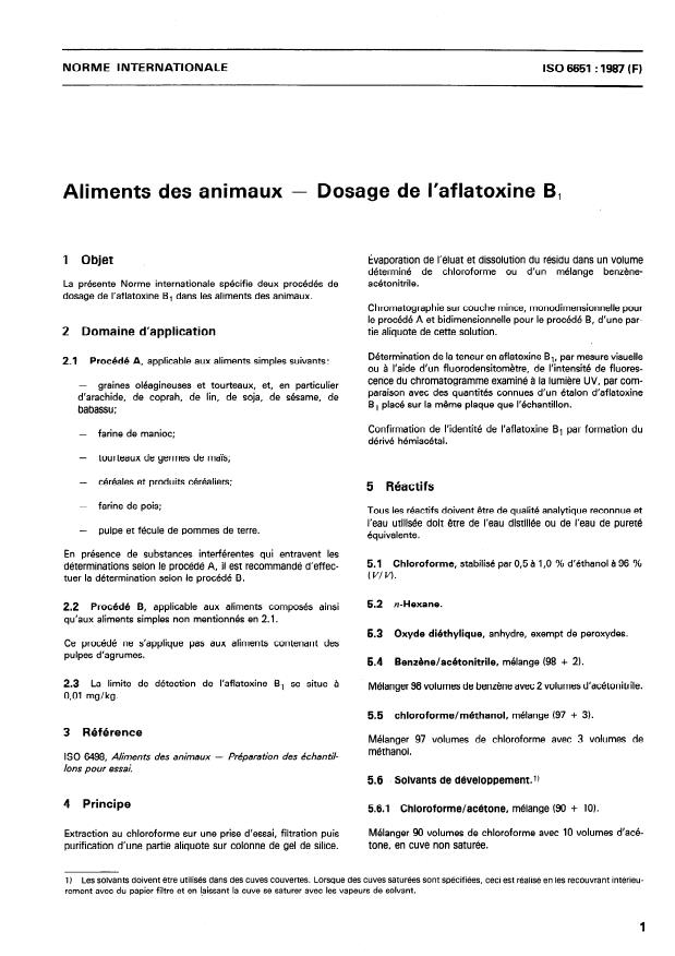 ISO 6651:1987 - Aliments des animaux -- Dosage de l'aflatoxine B1