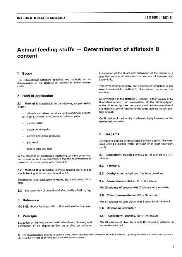ISO 6651:1987 - Animal feeding stuffs -- Determination of aflatoxin B1 content