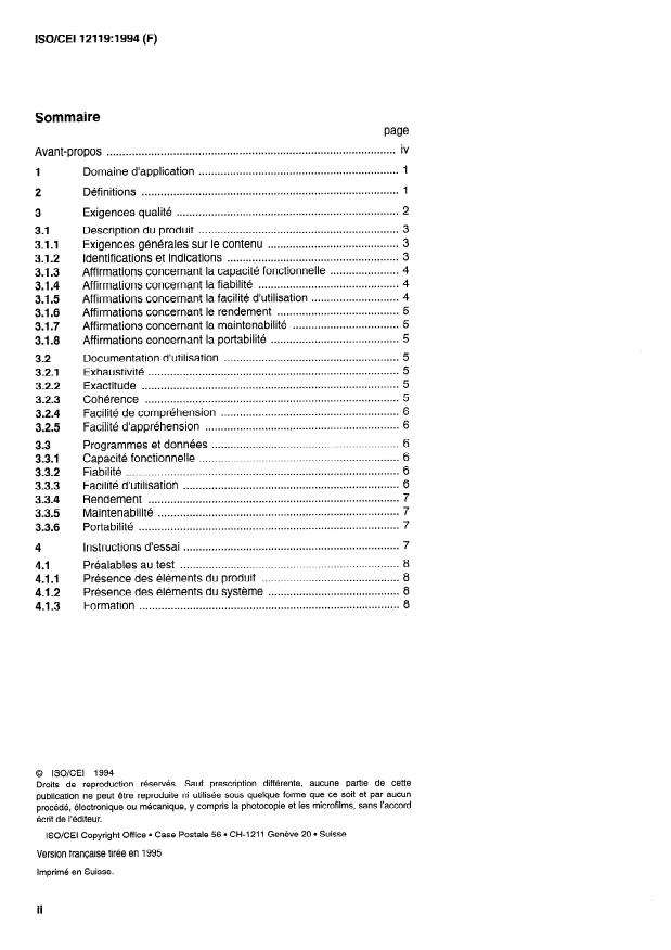ISO/IEC 12119:1994 ISO/IEC 12119:1994 - Technologies de l'information -- Progiciel -- Exigences qualité et essais - Page 2 preview