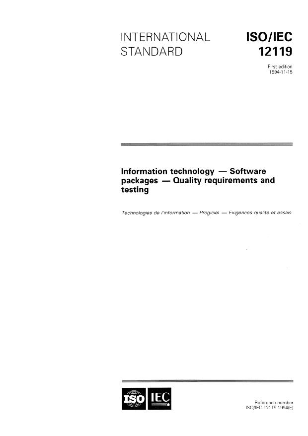 ISO/IEC 12119:1994 - Information technology -- Software packages -- Quality requirements and testing