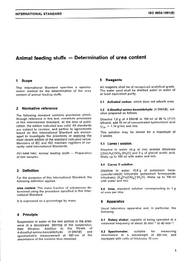 ISO 6654:1991 - Animal feeding stuffs -- Determination of urea content