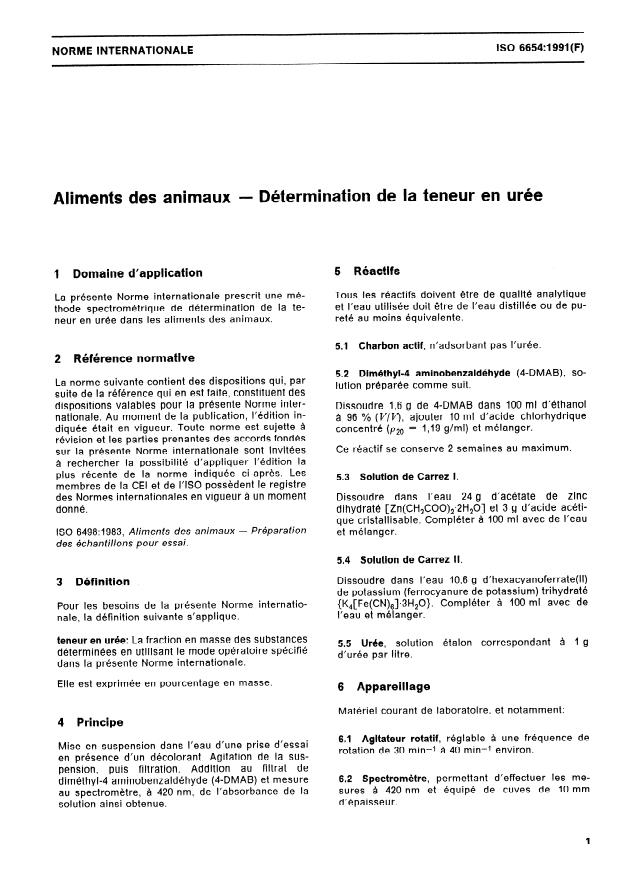 ISO 6654:1991 - Aliments des animaux -- Détermination de la teneur en urée