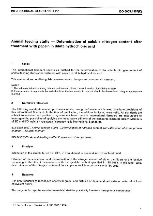 ISO 6655:1997 - Animal feeding stuffs -- Determination of soluble nitrogen content after treatment with pepsin in dilute hydrochloric acid