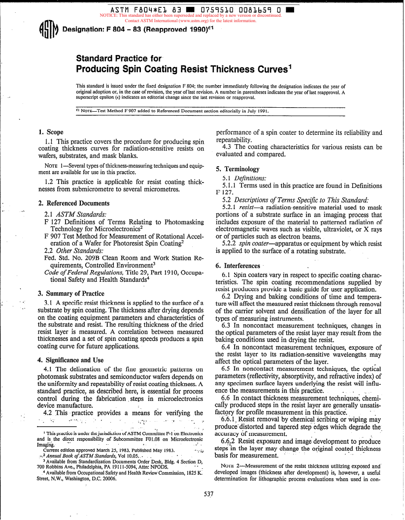 ASTM F804-83(1990)E01 - Practice for Producing Spin Coating Resist Thickness Curves (Withdrawn 1997)