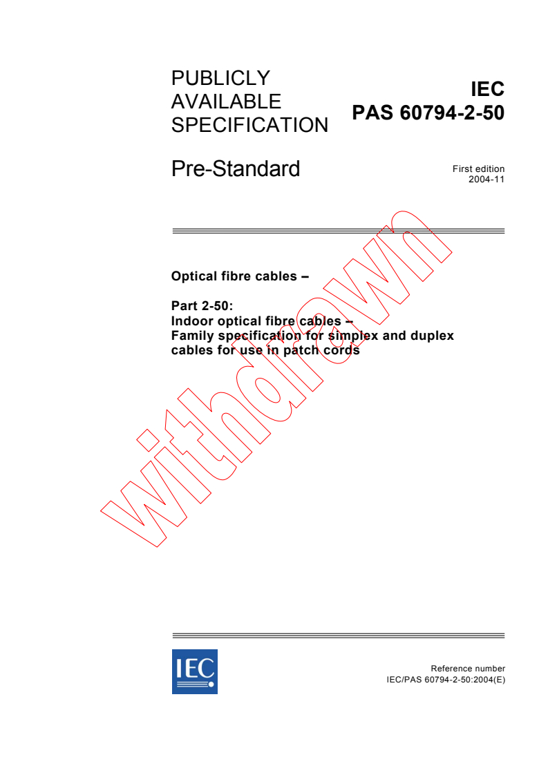 IEC PAS 60794-2-50:2004 - Optical fibre cables - Part 2-50: Indoor optical fibre cables - Family specification for simplex and duplex cables for use in patch cords
Released:11/25/2004
Isbn:2831877636
