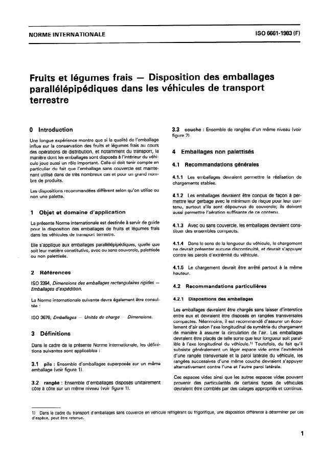 ISO 6661:1983 - Fruits et légumes frais -- Disposition des emballages parallélépipédiques dans les véhicules de transport terrestre