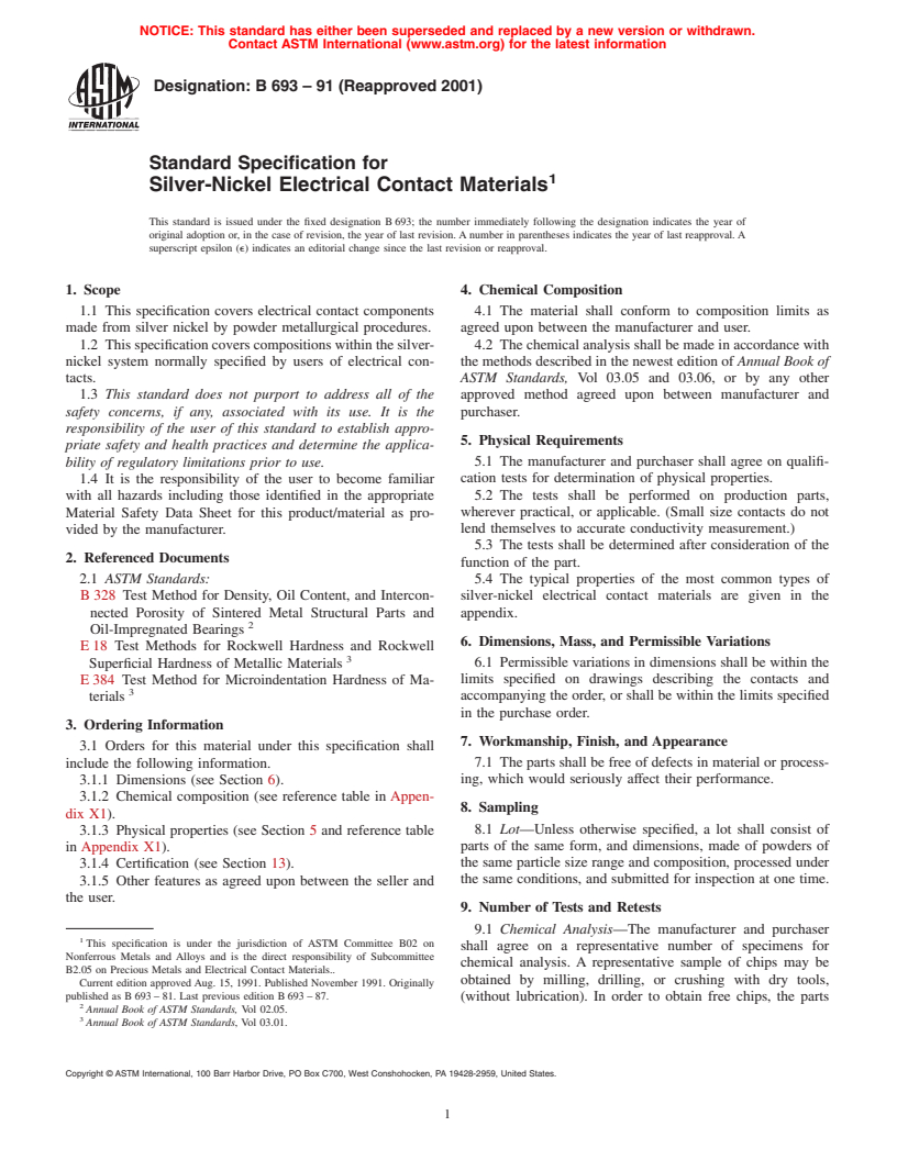 ASTM B693-91(2001) - Standard Specification for Silver-Nickel Electrical Contact Materials