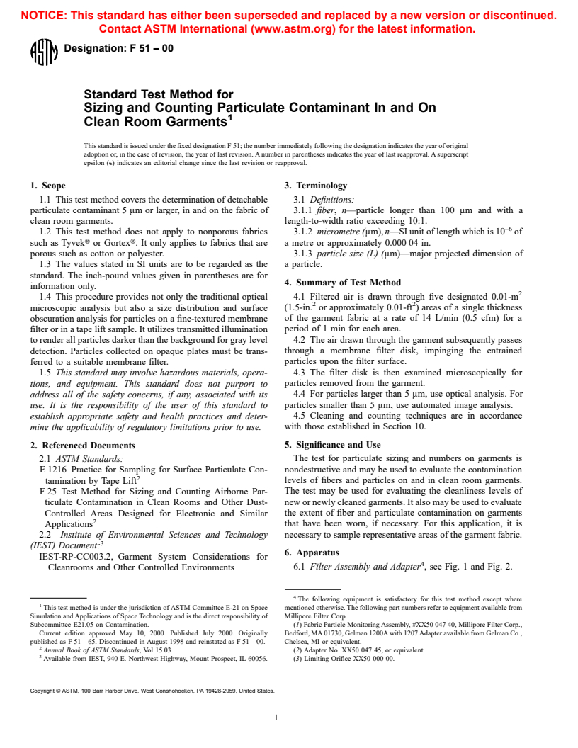 ASTM F51-00 - Standard Test Method for Sizing and Counting Particulate Contaminant In and On Clean Room Garments