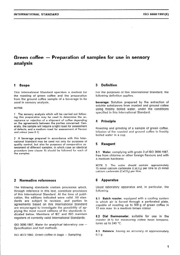 ISO 6668:1991 - Green coffee -- Preparation of samples for use in sensory analysis