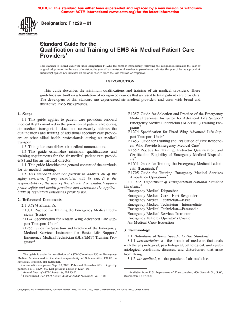 ASTM F1229-01 - Standard Guide for the Qualification and Training of EMS Air-Medical Patient Care Providers