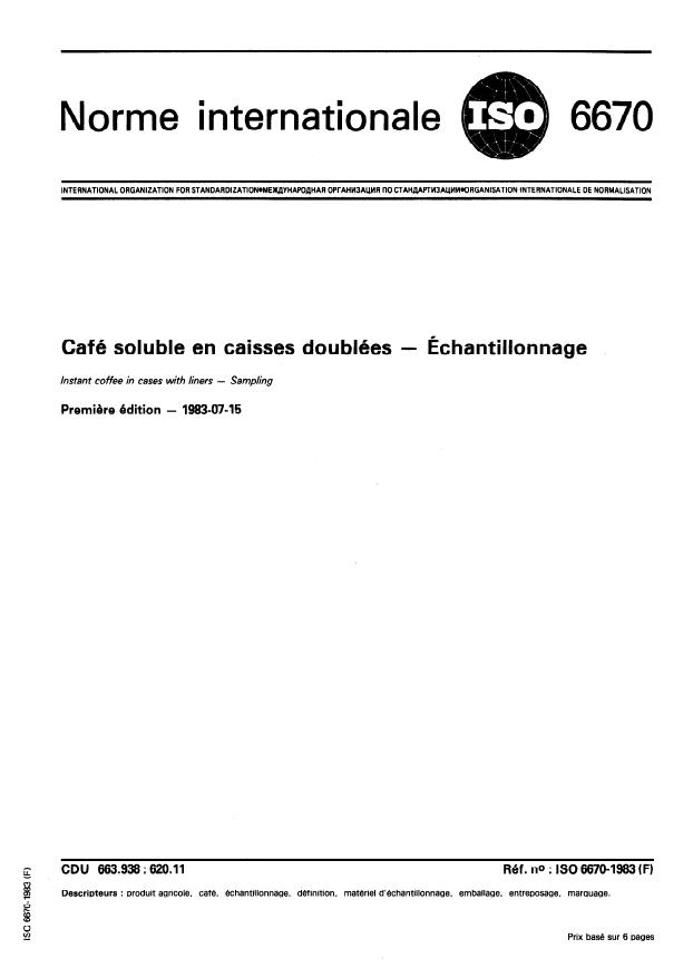 ISO 6670:1983 - Café soluble en caisses doublées -- Échantillonnage