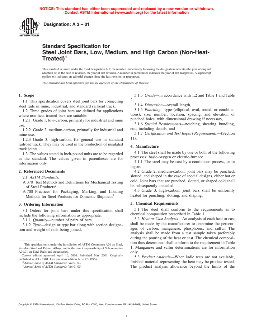 ASTM A3-01 - Standard Specification for Steel Joint Bars, Low, Medium, and High Carbon (Non-Heat-Treated)