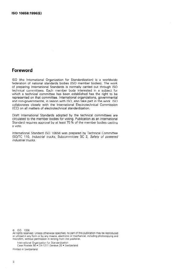 ISO 10658:1996 ISO 10658:1996 - Industrial trucks operating in special conditions of stacking with load laterally displaced by powered devices -- Additional stability test - Page 2 preview
