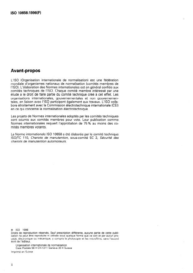 ISO 10658:1996 ISO 10658:1996 - Chariots de manutention travaillant dans des conditions de gerbage spéciales, avec la charge décentrée latéralement par un dispositif a moteur -- Essai de stabilité supplémentaire - Page 2 preview