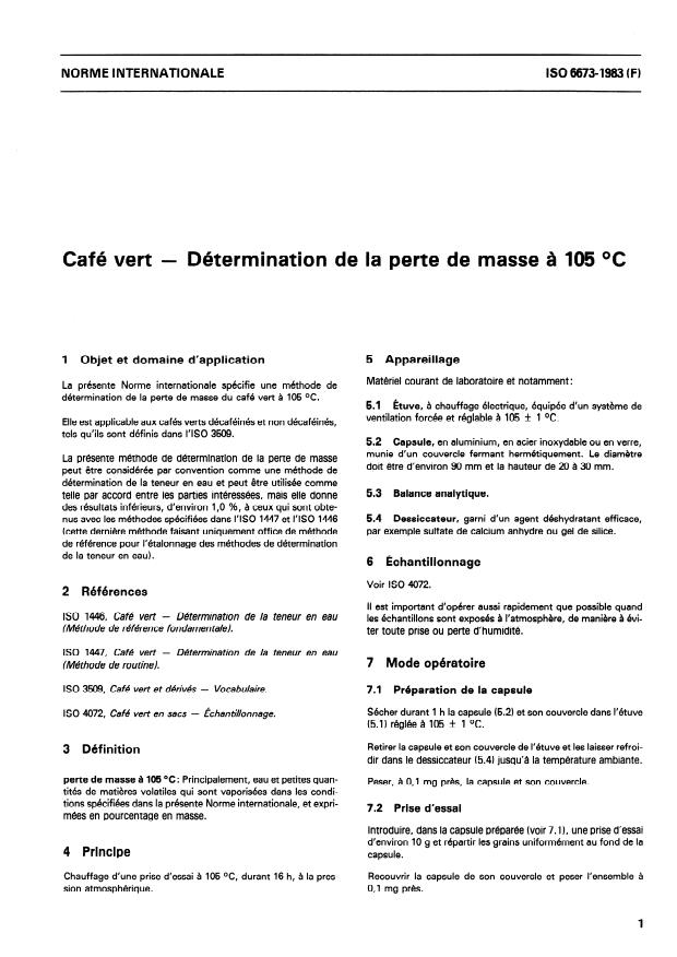 ISO 6673:1983 - Café vert -- Détermination de la perte de masse a 105 degrés C