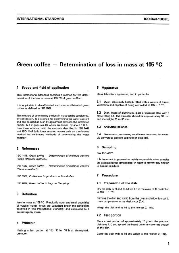 ISO 6673:1983 - Green coffee -- Determination of loss in mass at 105 degrees C