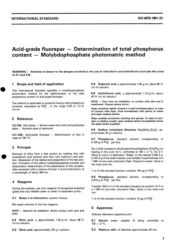 ISO 6676:1981 - Acid-grade fluorspar -- Determination of total phosphorus content -- Molybdophosphate photometric method