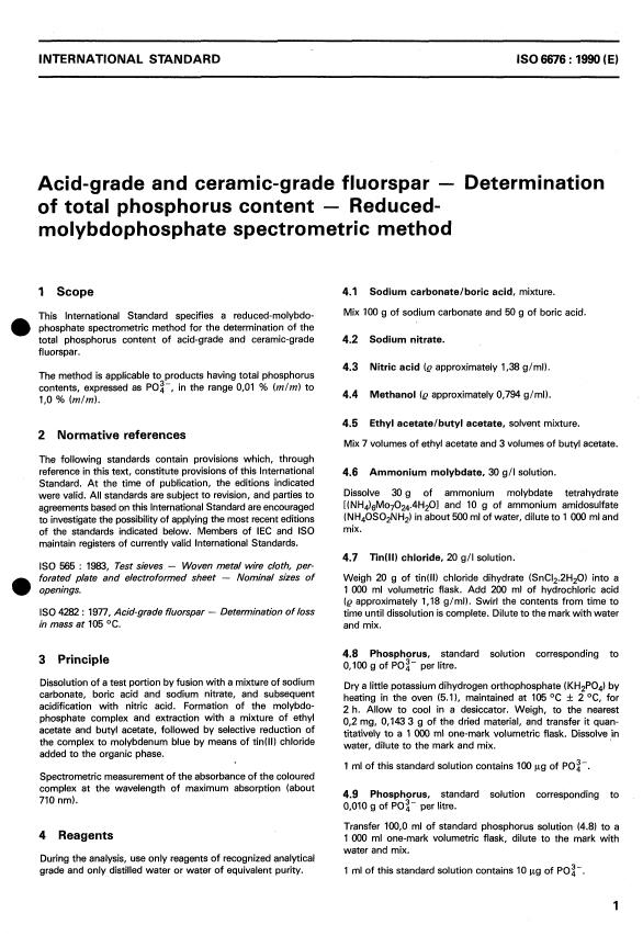ISO 6676:1990 - Acid-grade and ceramic-grade fluorspar -- Determination of total phosphorus content -- Reduced-molybdophosphate spectrometric method