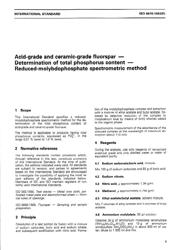 ISO 6676:1993 - Acid-grade and ceramic-grade fluorspar -- Determination of total phosphorus content -- Reduced-molybdophosphate spectrometric method