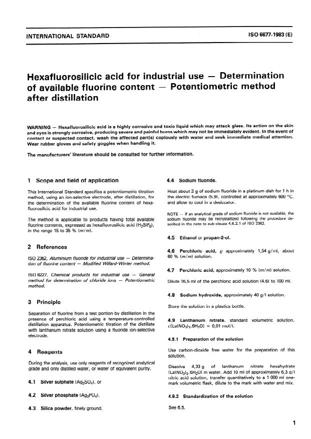 ISO 6677:1983 - Hexafluorosilicic acid for industrial use -- Determination of available fluorine content -- Potentiometric method after distillation