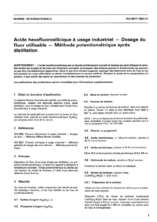 ISO 6677:1983 - Acide hexafluorosilicique a usage industriel -- Dosage du fluor utilisable -- Méthode potentiométrique apres distillation