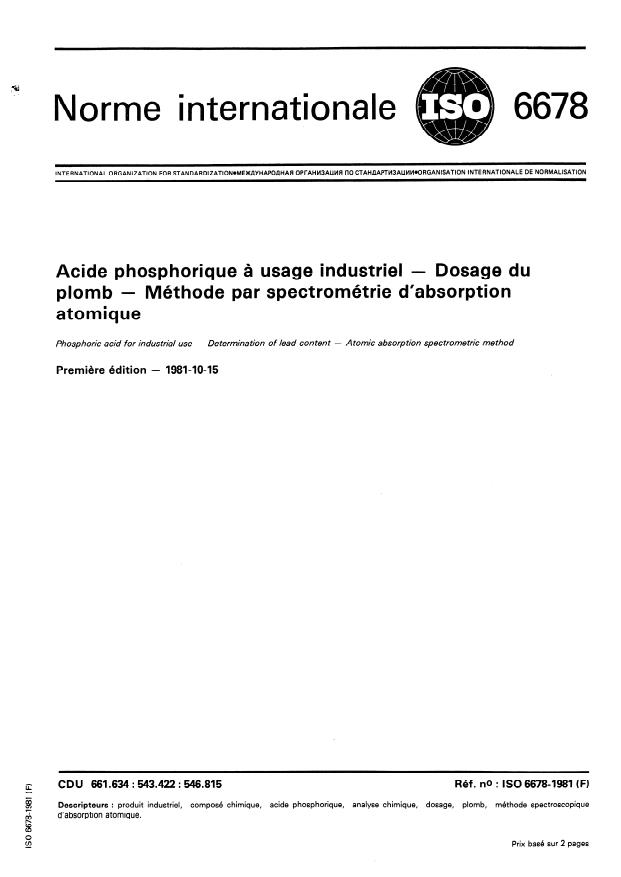 ISO 6678:1981 - Acide phosphorique a usage industriel -- Dosage du plomb -- Méthode par spectrométrie d'absorption atomique