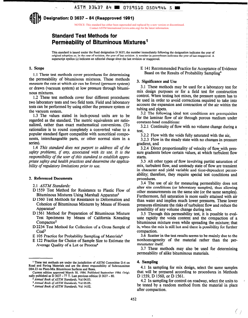 ASTM D3637-84(1991) - Standard Test Methods for Permeability of Bituminous Mixtures (Withdrawn 1998)