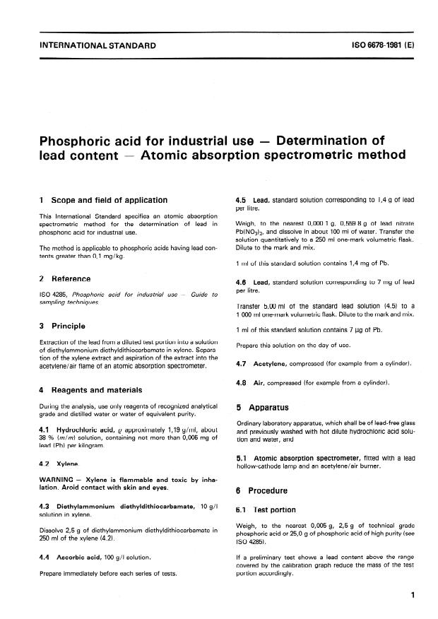 ISO 6678:1981 - Phosphoric acid for industrial use -- Determination of lead content -- Atomic absorption spectrometric method