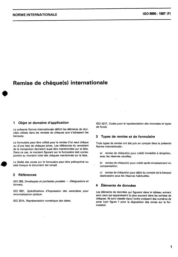ISO 6680:1987 - Remise de cheque(s) internationale